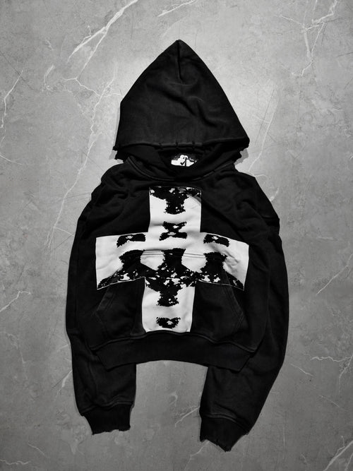 Missing Faces Hoodie flat lay showing the full front graphic